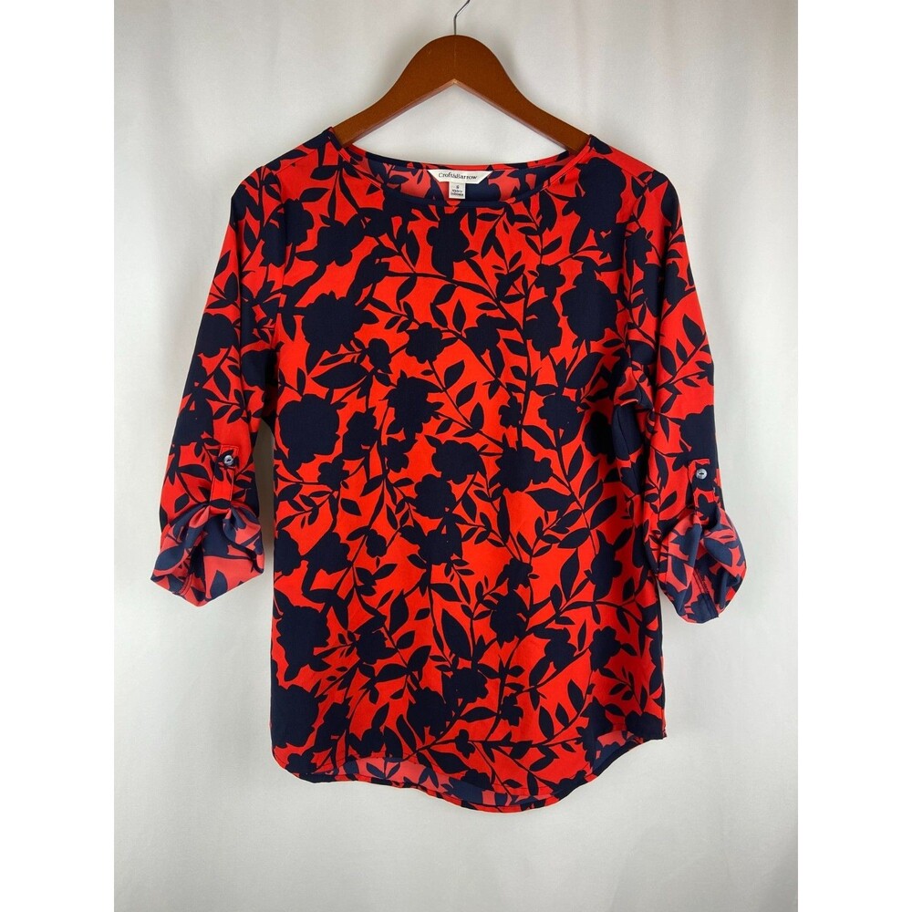 Croft & Barrow Women's S Navy Blue Red Floral 3/4 Roll Tab Sleeves Career Office